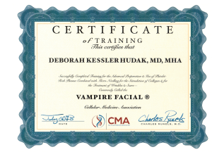 Dr. Hudak's certificate in Vampire Facial